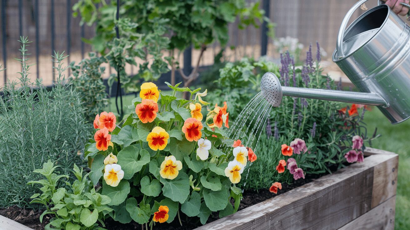 nasturtium-care A gardener caring for nasturtiums