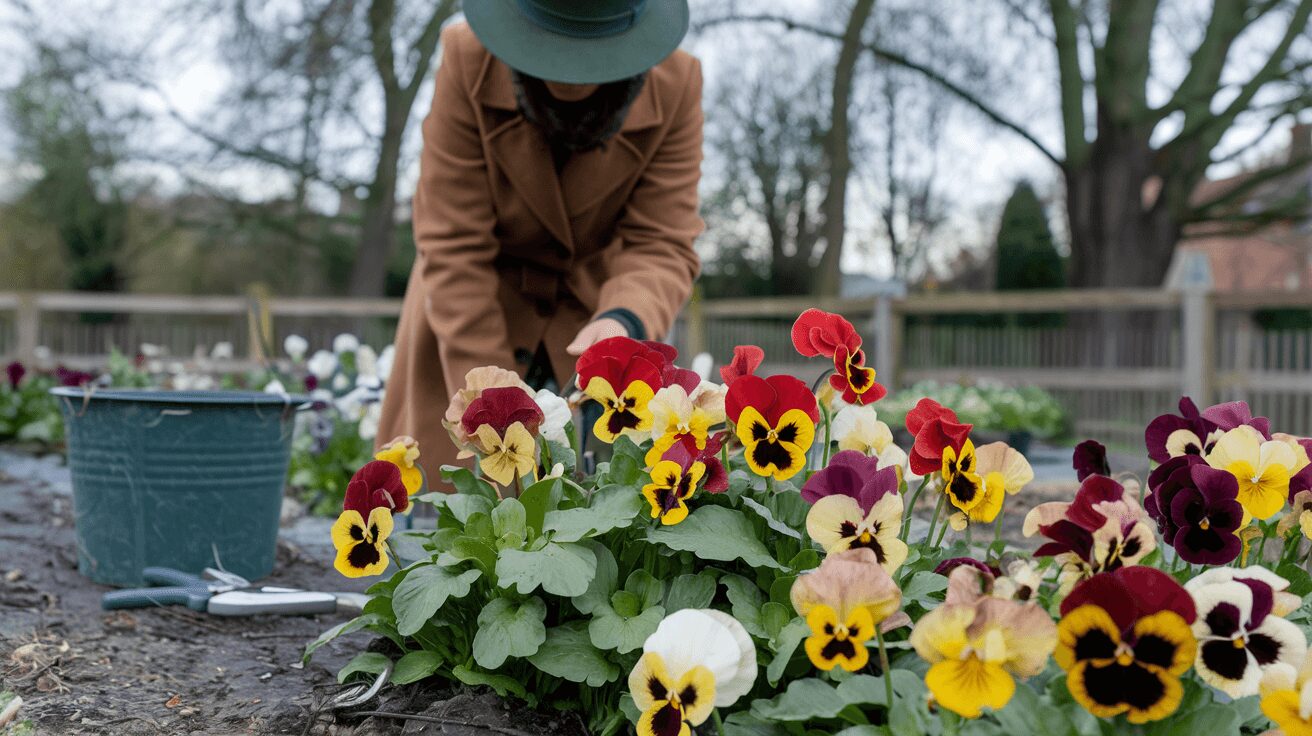 A gardener caring for pansies to maintain their compact, bushy growth in early spring
