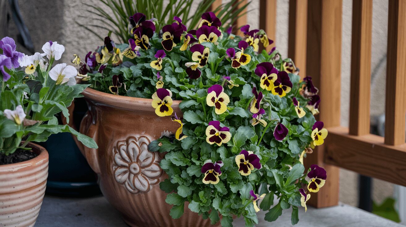 Pansies in decorative pots on a patio, perfect for container gardening