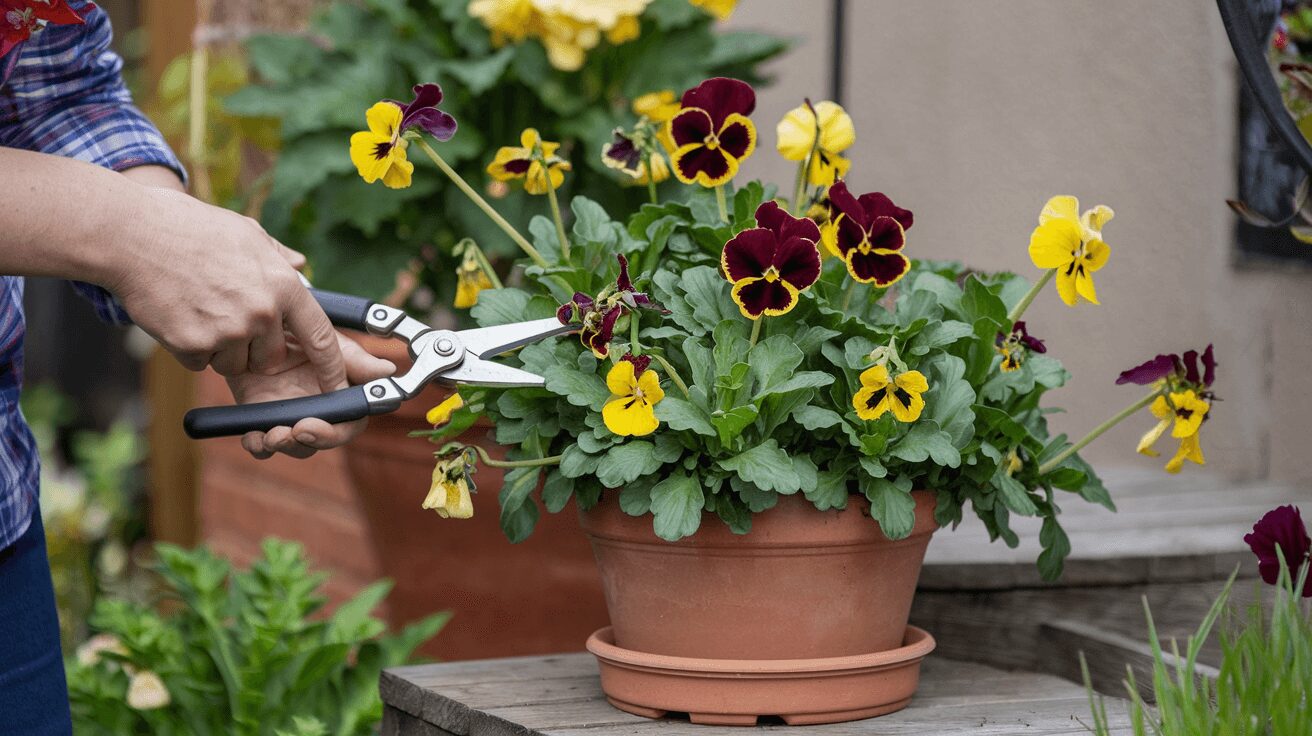 A gardener pruning pansies in a pot