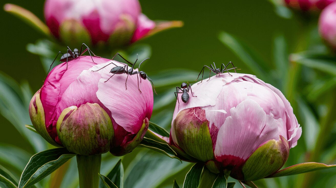 Peony buds with ants, highlighting the misconception that ants aid blooming