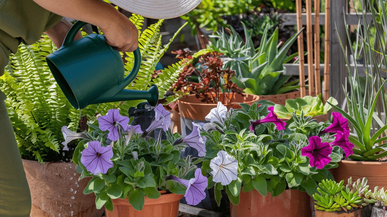 petunias care tips Gardener watering petunias in pots – guide to petunia care