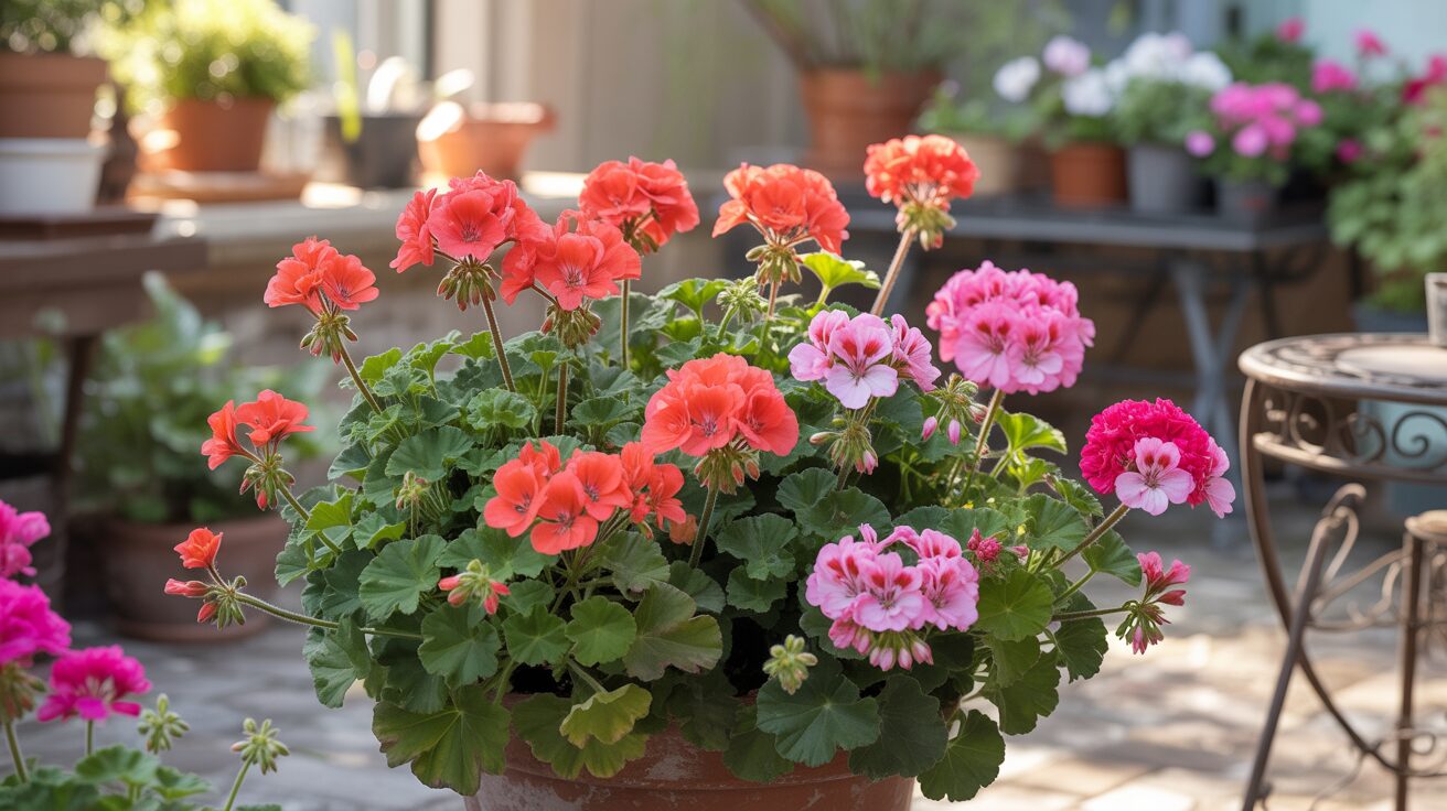 Potted Geranium plant looking happy with vibrant flowers and care