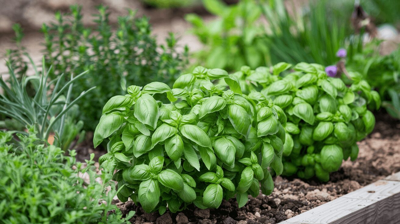 Thriving basil plant propagated from a cutting, ready for harvest