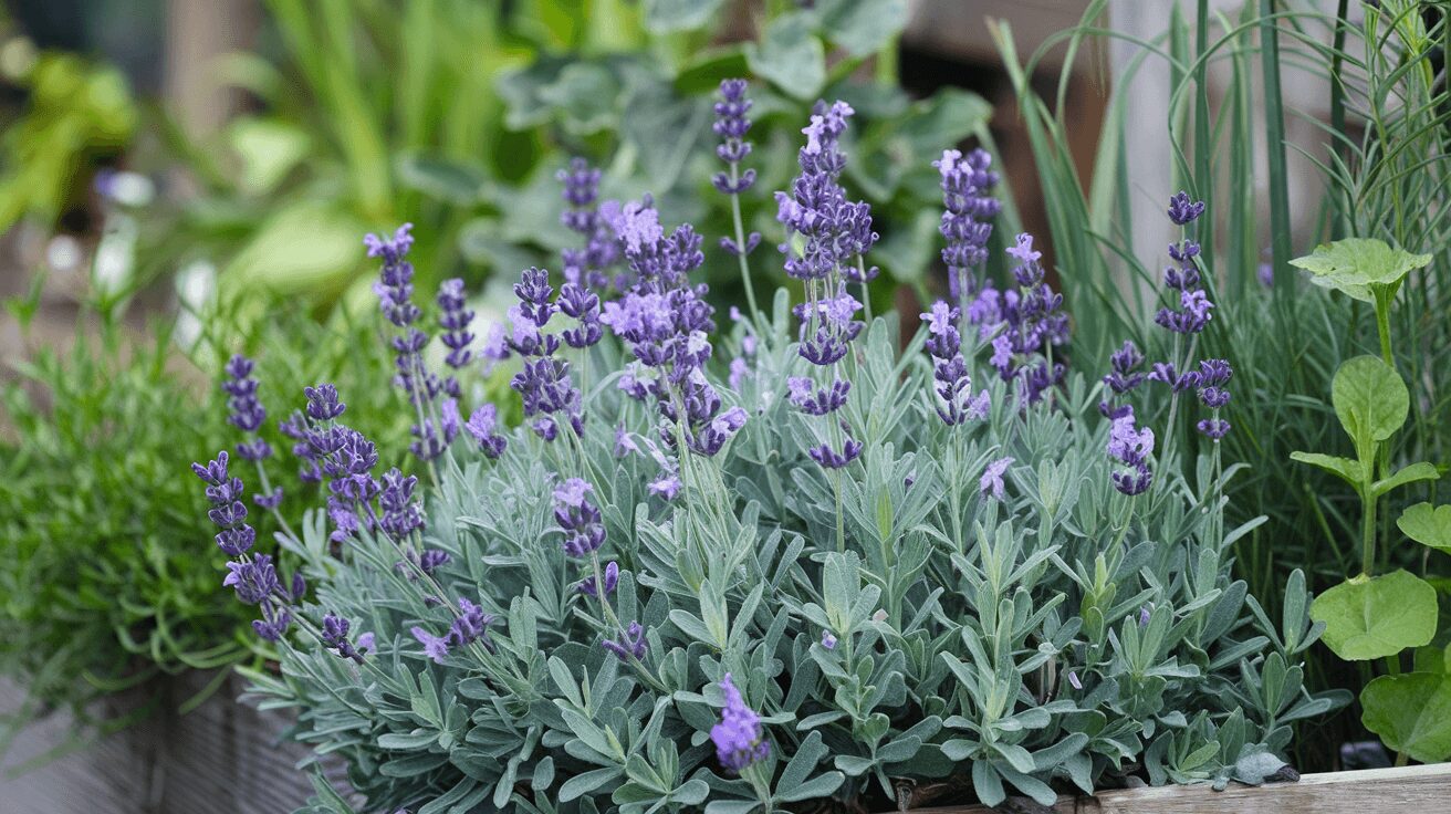 A healthy, mature lavender plant in full bloom, surrounded by a few herbs in a raised bed