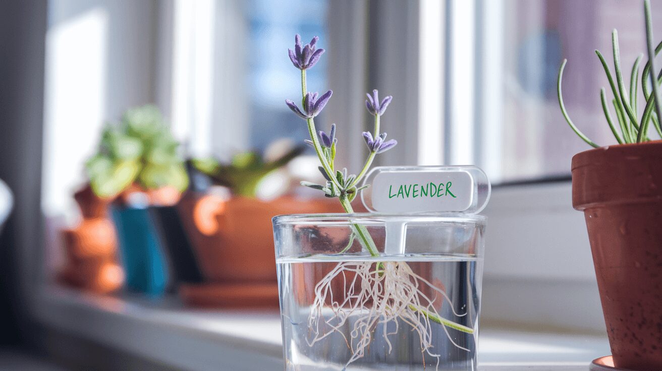 Lavender cuttings in water for propagation on a sunny windowsill