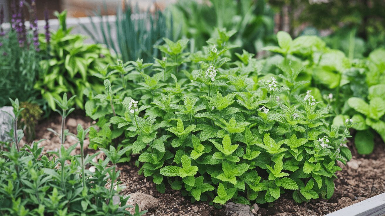 Thriving mint plants propagated from cuttings and seeds in a raised bed