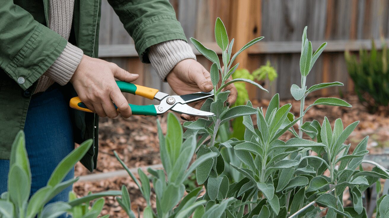 A gardener pruning large sage plant