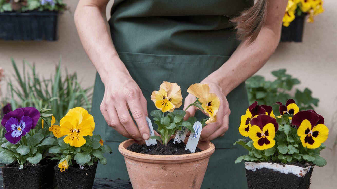 pansies care. A gardener repotting 