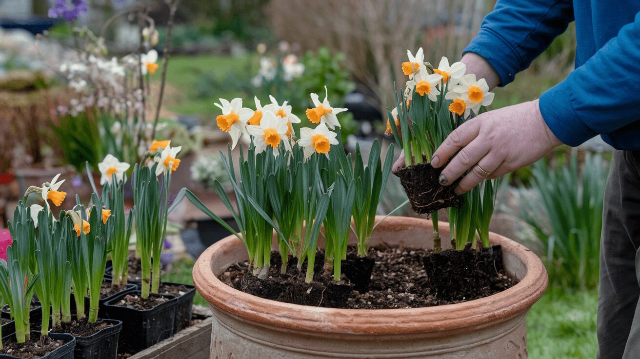 repotting-young-daffodils into a large pot