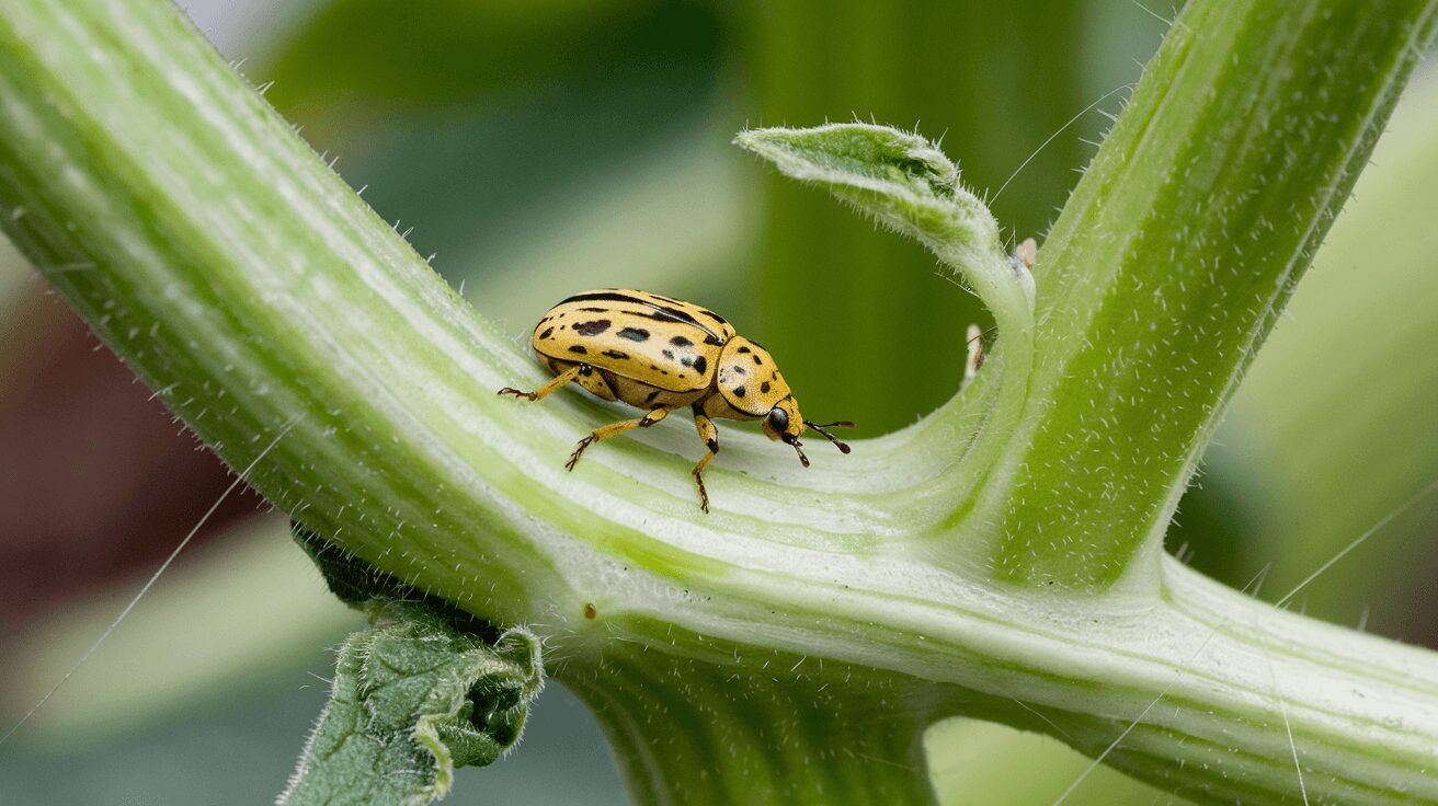 Spotted cucumber bug with black spots, damaging cucumber plants