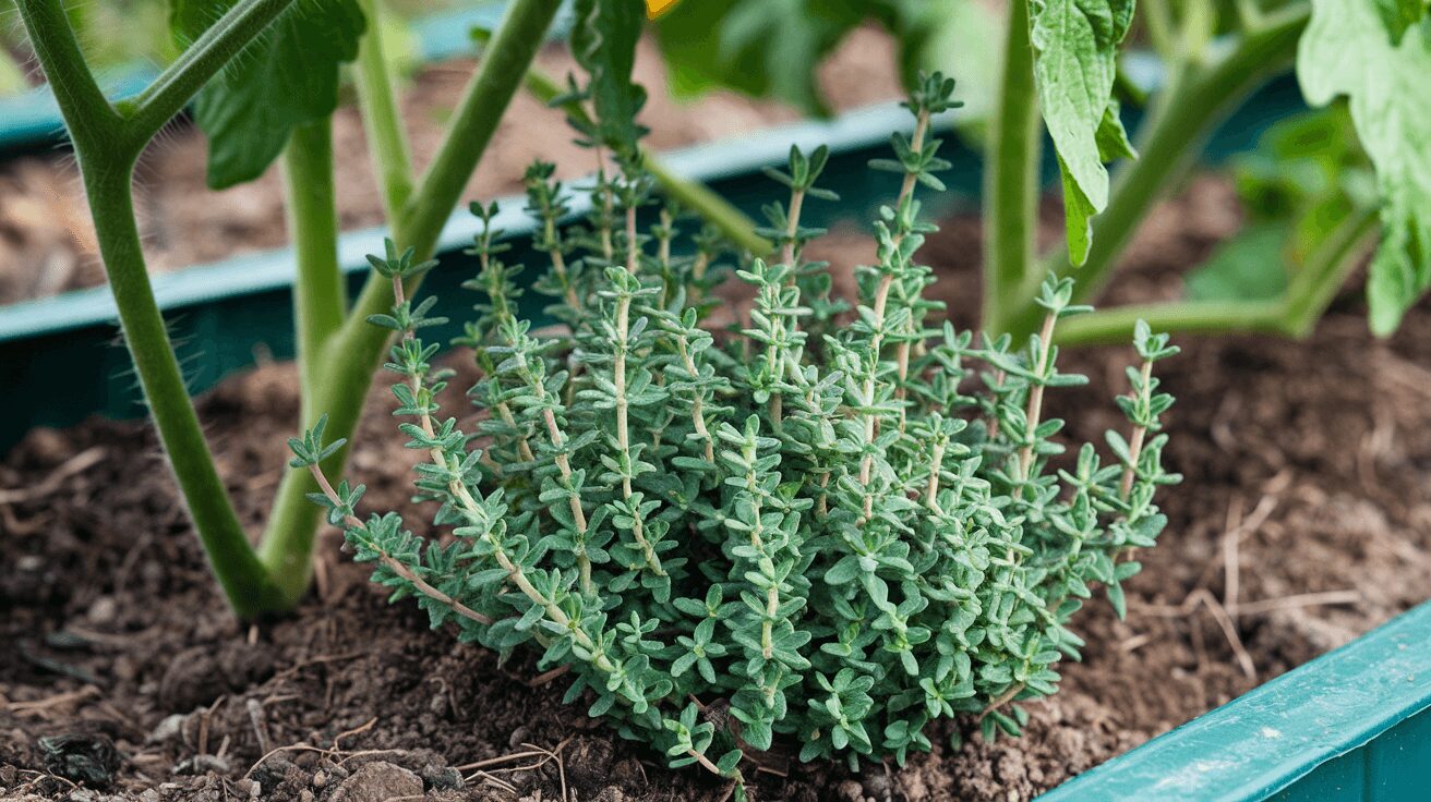 thyme growing with tomatoes as a companion plant