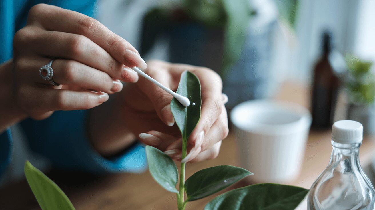 removing fuzzy bug-on-plant-leaf Removing white fuzzy bugs with rubbing alcohol and a cotton swab