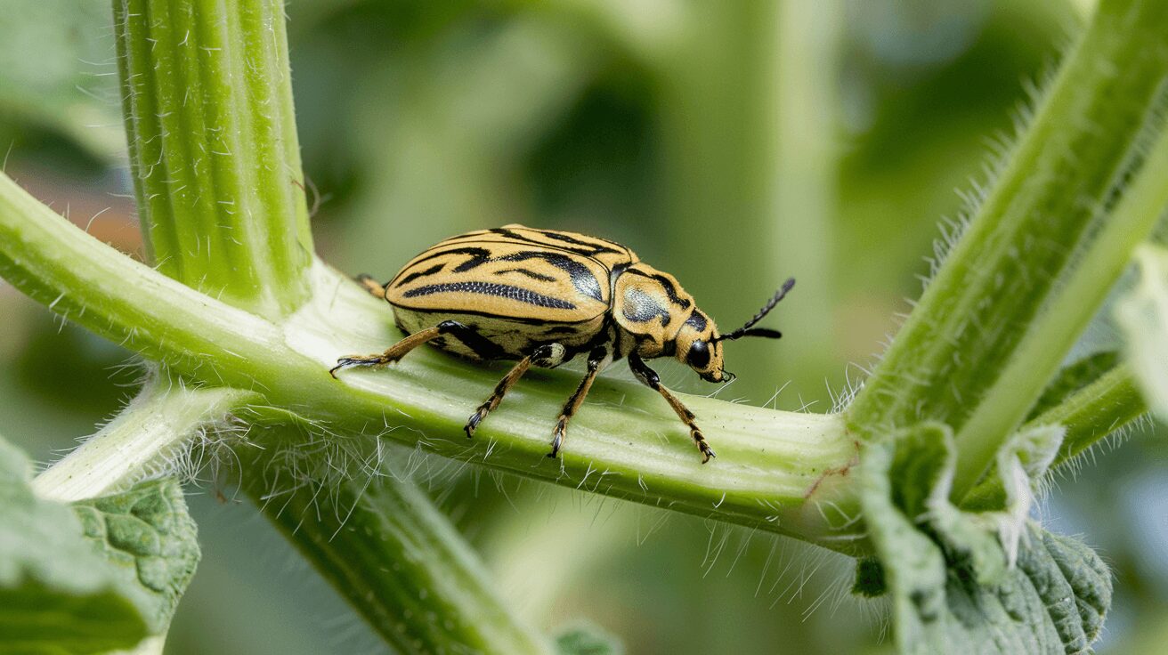 Striped cucumber beetle on a cucumber plant stem in the garden