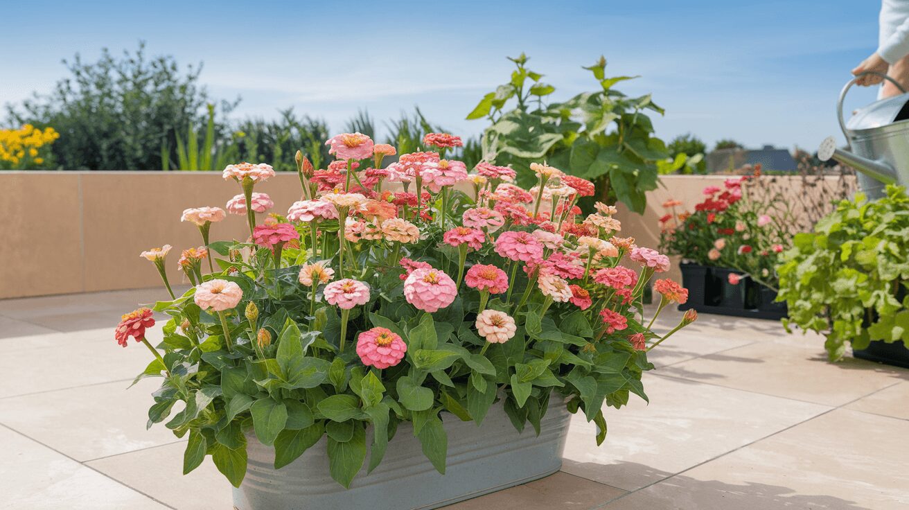 zinnias care Zinnias thriving in containers on a patio, perfect for small-space gardening