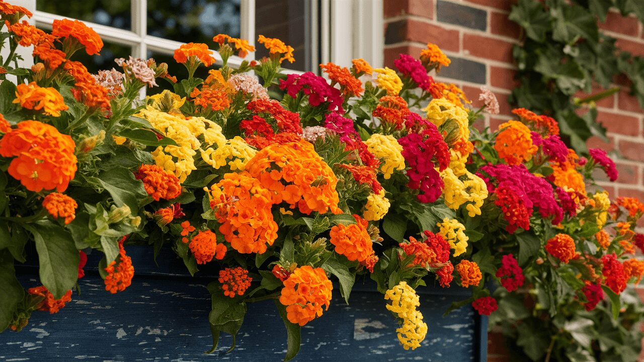 Lantana blooming on a window box