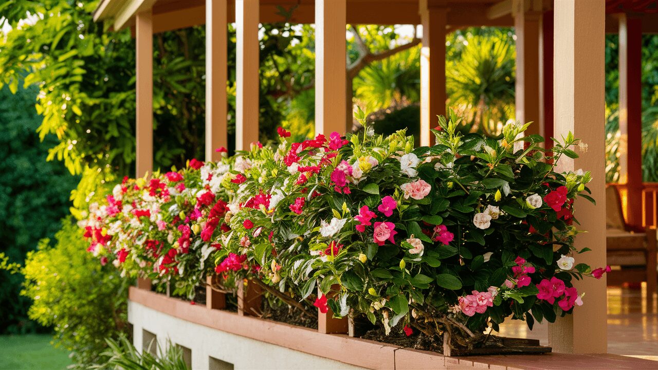 Mandevilla tropical flowering plant growing in front of patio as privacy plant