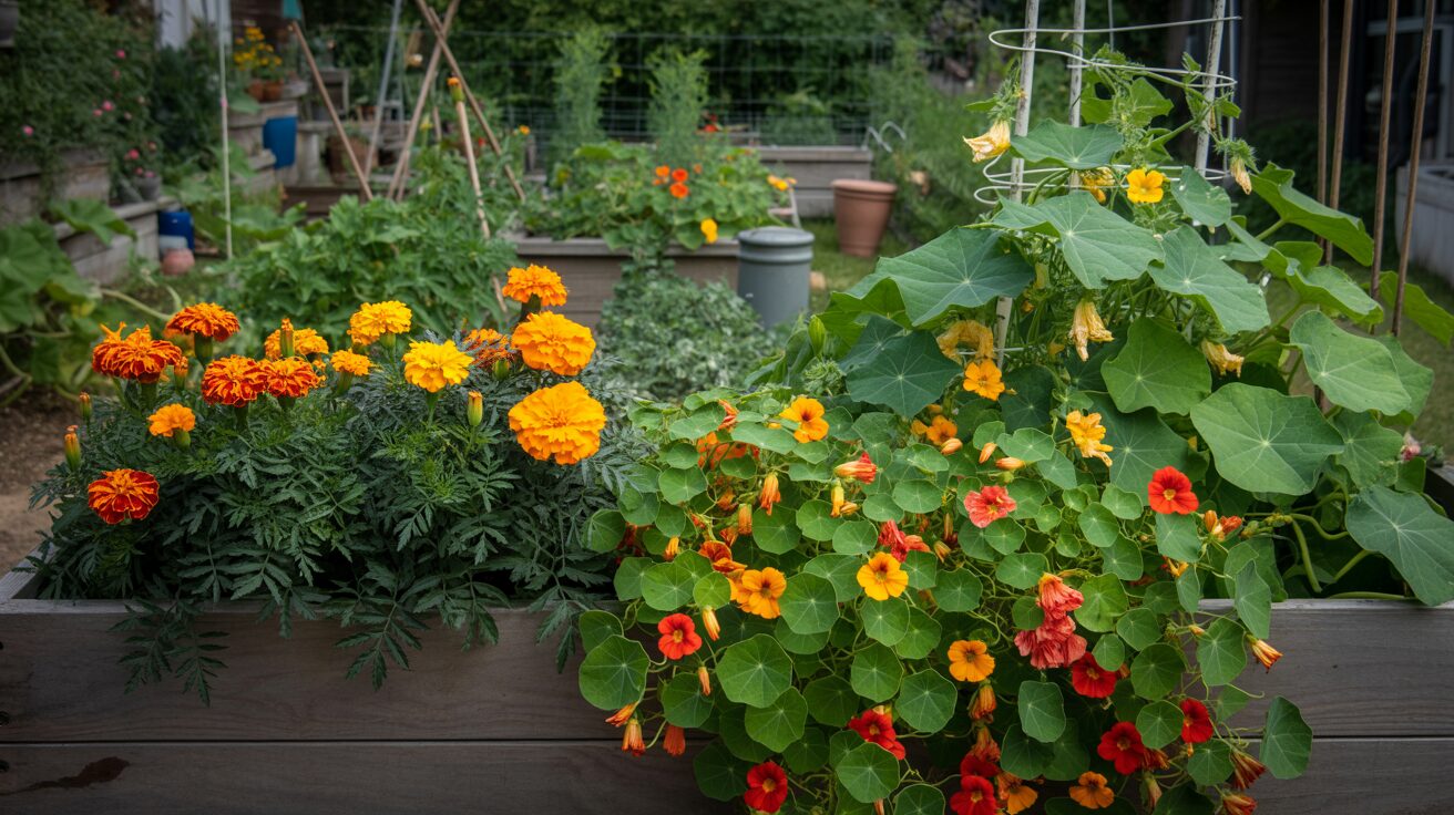 Marigold plants, Nasturtiums plants, Cucumber vine plants growing in a raised bed Marigold plants, Nasturtiums plants, Cucumber vine plants growing in a raised bed