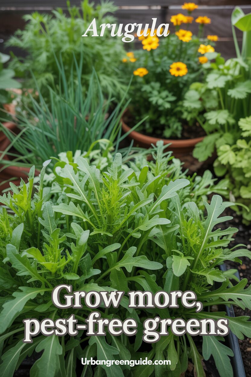 arugula growing alongside marigold, cilantro, chives as companion plants in a pot