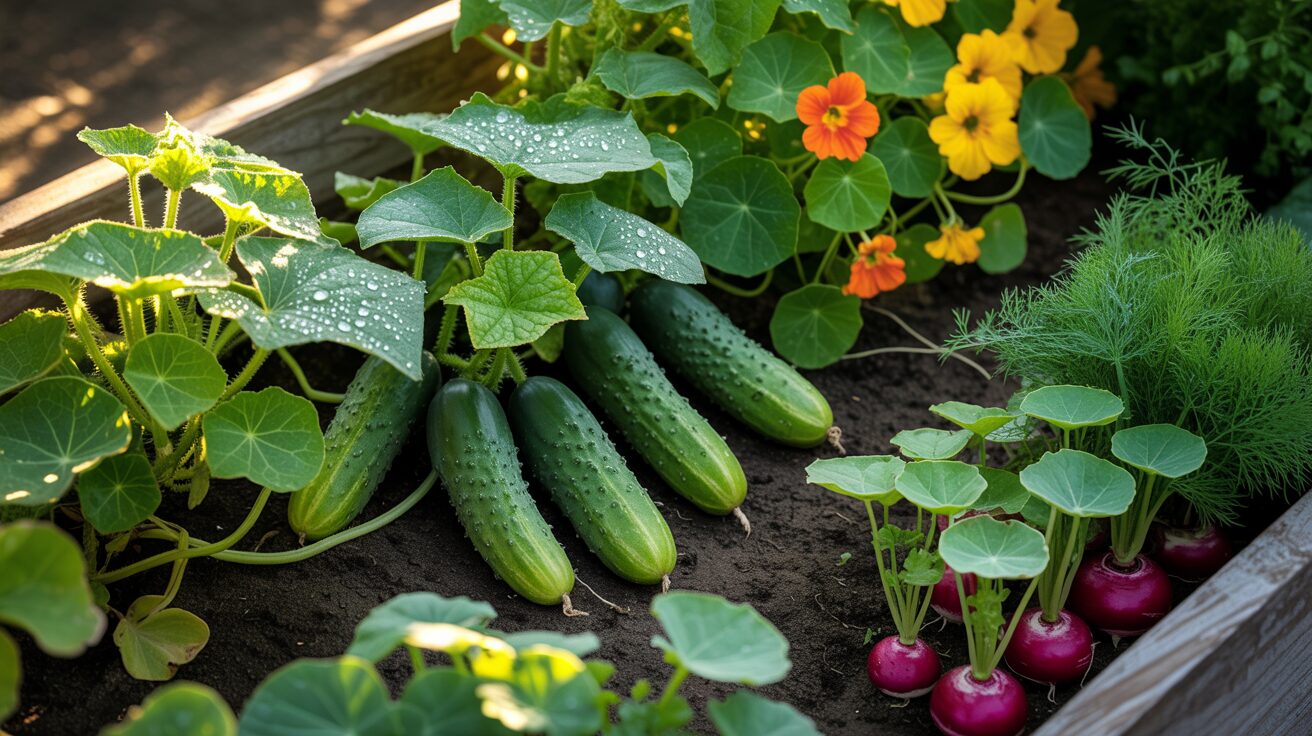 cucumber nasturtium dill basil cucumber growing alongside with nasturtiums, dill, and basil as companion plants