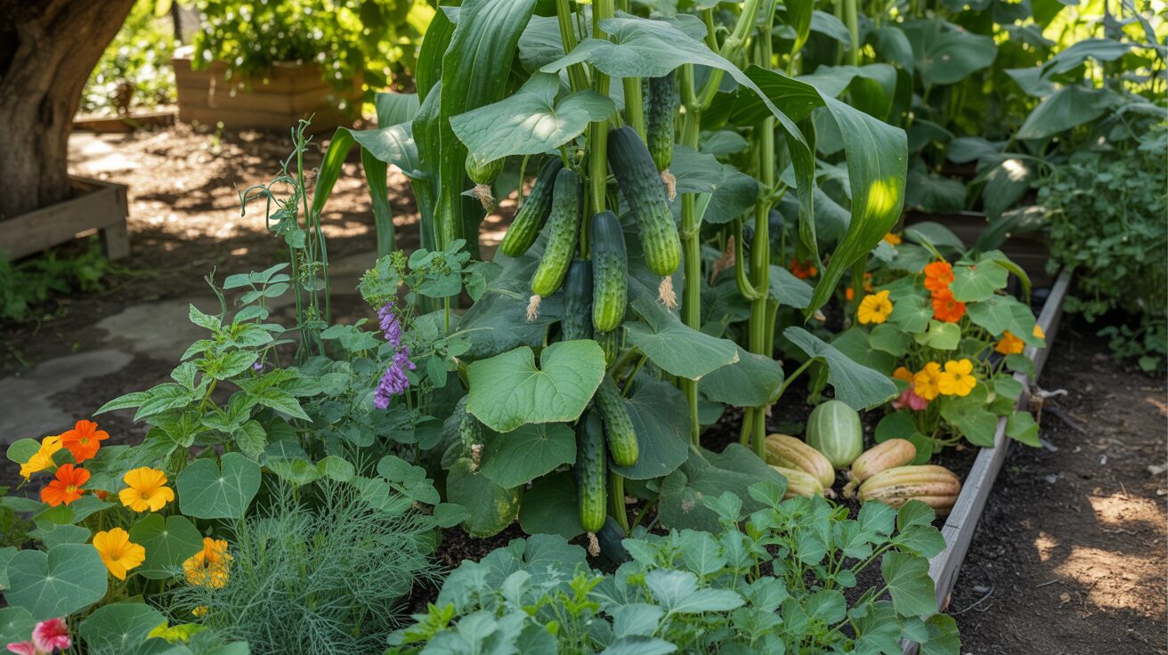cucumber with corn beans and squash cucumber vine growing alongside with corn, beans, and squash