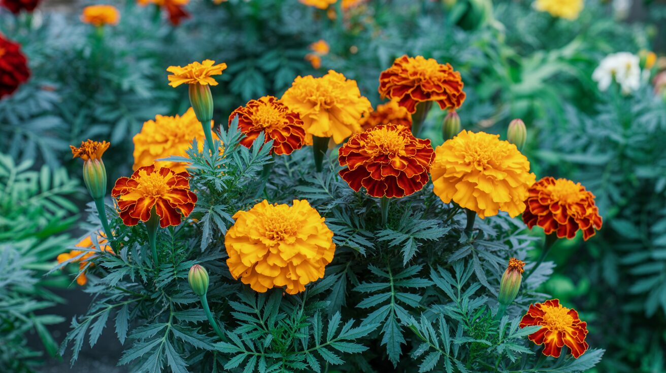 french-marigold plants with lots of flowers growing in a backyard garden
