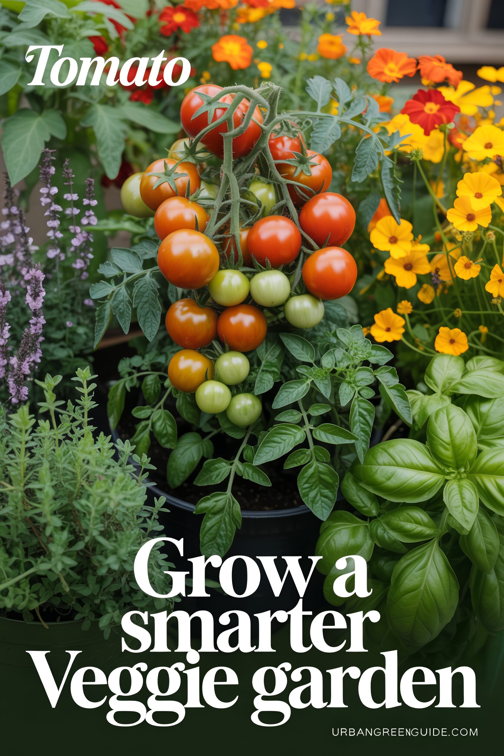 tomato plants along with other plants like marigolds, nasturtiums, thyme, and basil 