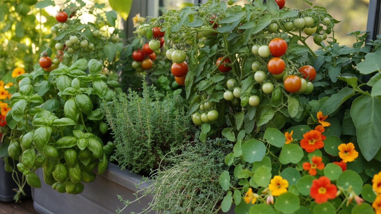 tomato plants along with other plants like basil, thyme, and oregano plants
