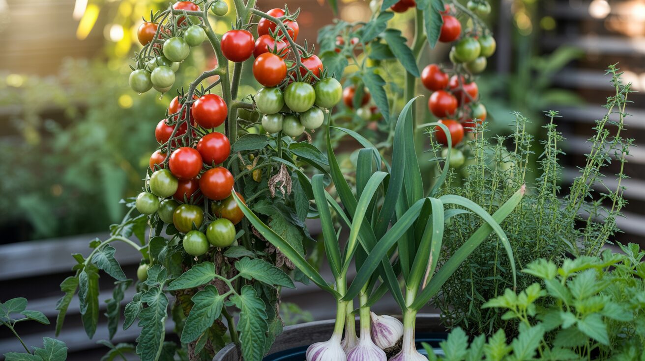 tomato plants along with other plants like garlic