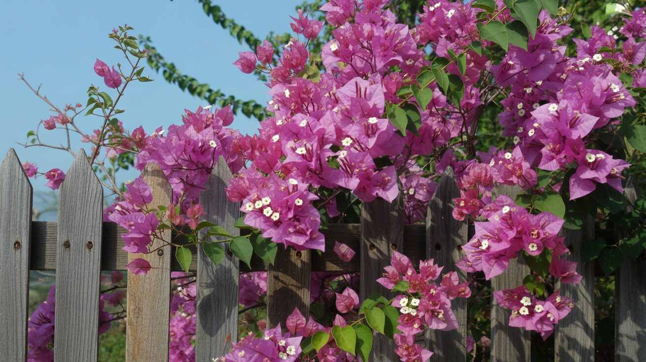 Bougainvillea glabra Flowering Bougainvillea glabra cascading from a wooden fence under direct sunlight