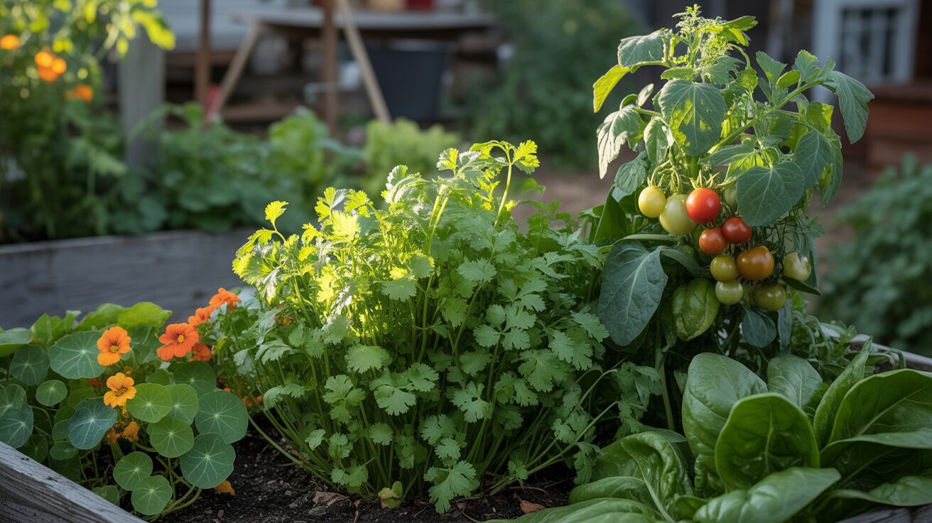 Cilantro as a Companion Plant Cilantro growing alongside tomato, arugula, spinach in a raised bed