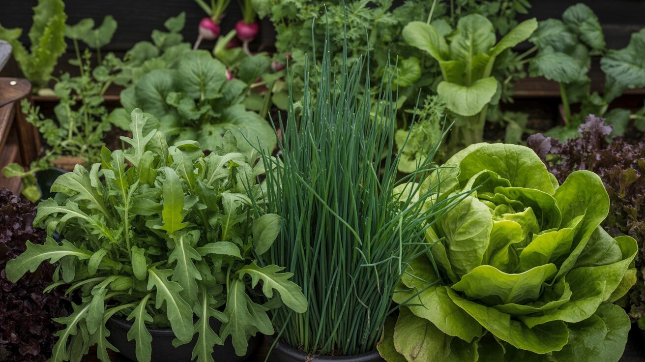 Arugula growing with radishes, lettuce, spinach, and chives in a container
