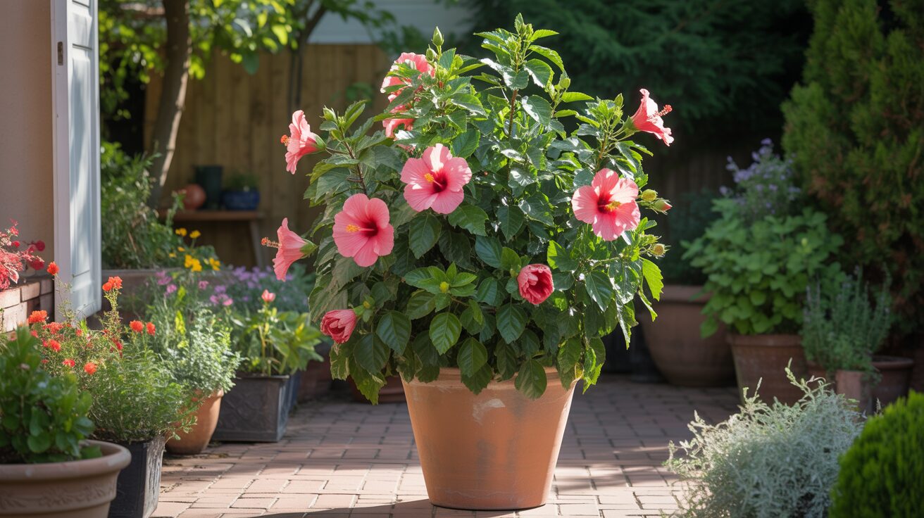 Hibiscus plant in pot Hibiscus plant with red and pink flowers in full sun