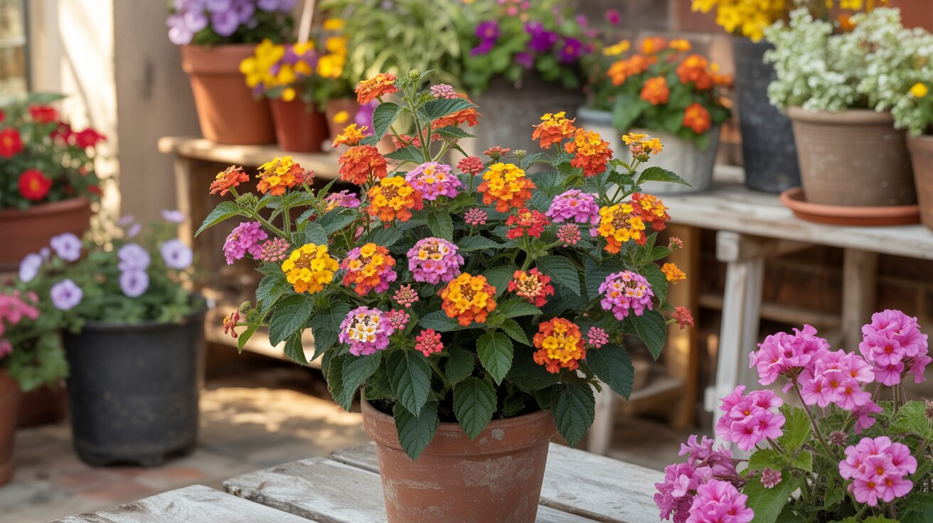 Lantana camara Lantana camara growing in a pot in a busy patio with abundant coloful flowers in full sun