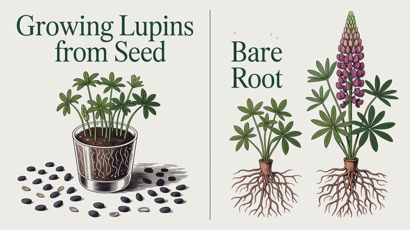 a collage of growing lupins from seed and bare root
