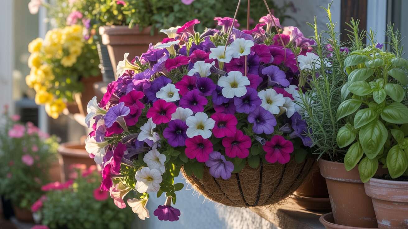 Petunia in hanging basket Petunia growing in hanging basket with vibrant flowers