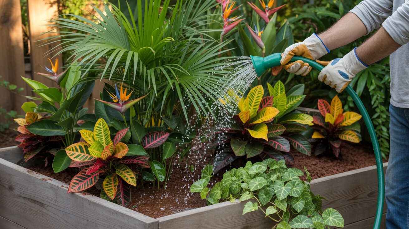 Water Full Sun Tropical Plants in Summer A gardener's hand watering tropical plants in a raised bed under full sun during summer