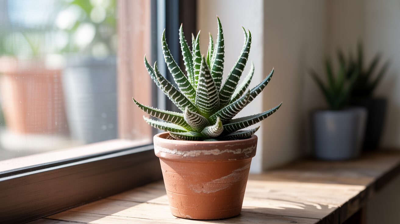 Zebra haworthia plant Zebra haworthia plant growing in a pot with stunning white stripes on dark green leaves