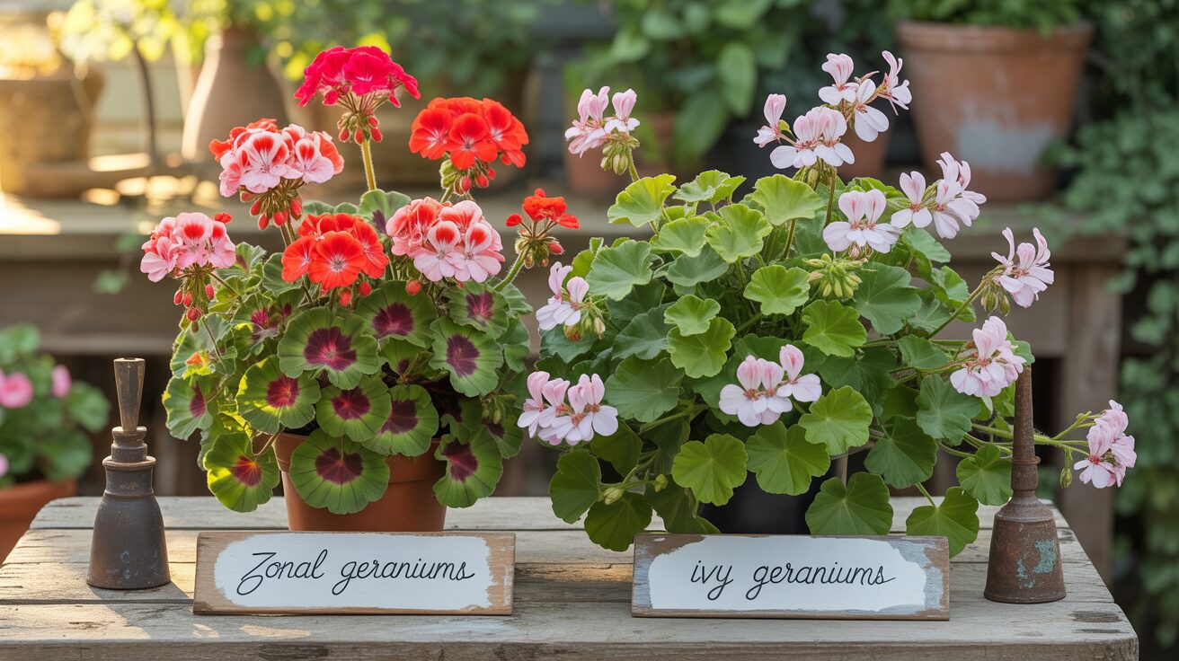 Zonal Geranium vs Ivy Geraniums Potted Zonal Geranium Plant Care vs Ivy Geraniums in a patio