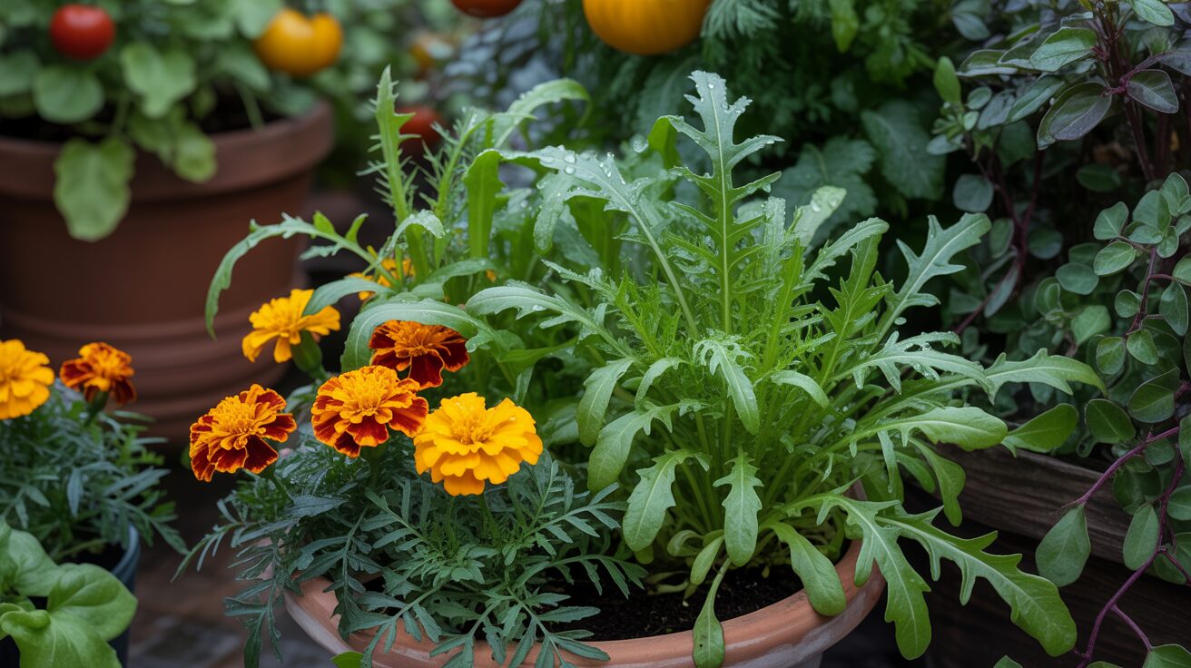 Arugula growing with Marigolds in a companion planting. marigold serves as Pest Control