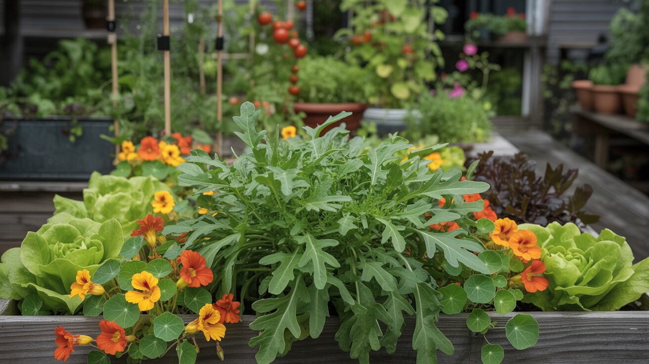 arugula growing alongside with nasturtiums