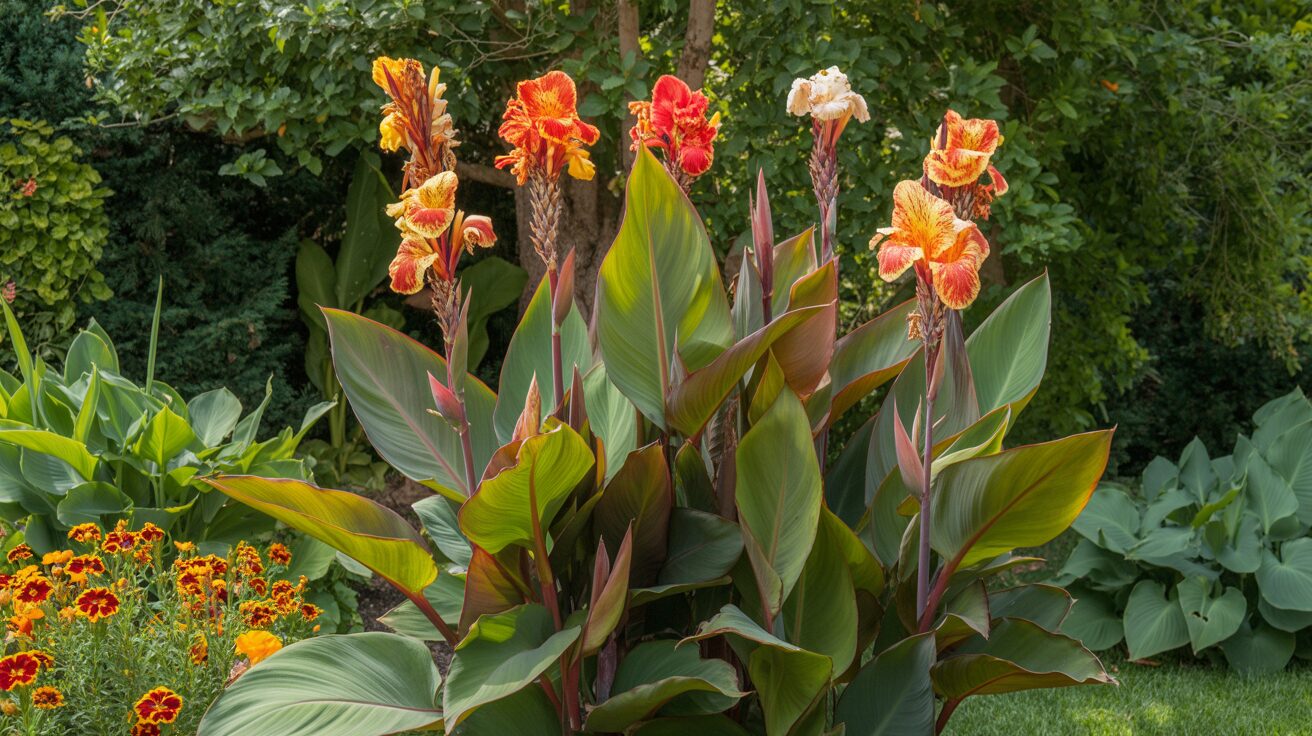 canna lily in backyard garden canna lily in backyard garden with colorful red and orange flowers