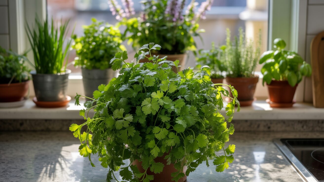 cilantro plant on windowsil cilantro plant ready for spring or summer harvest