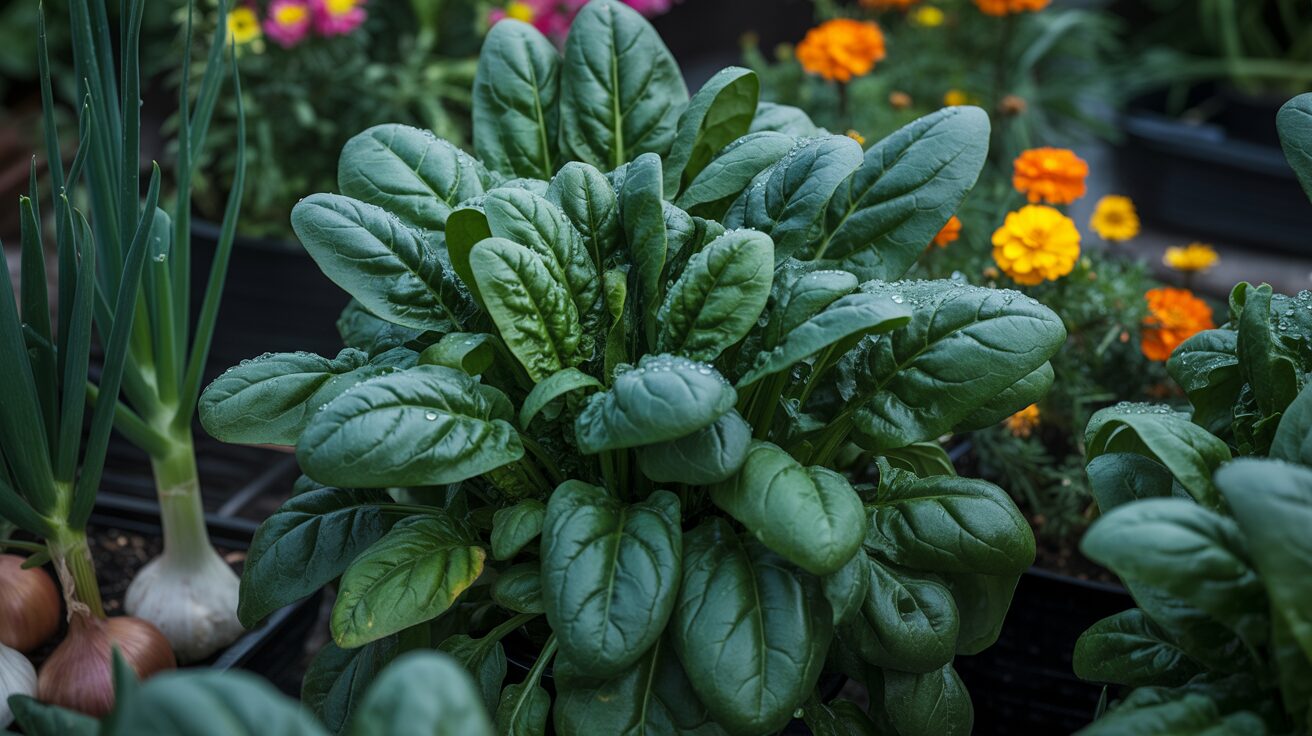 companion plant to deter pest Spinach growing with garlic, onion, and marigolds to deter pests