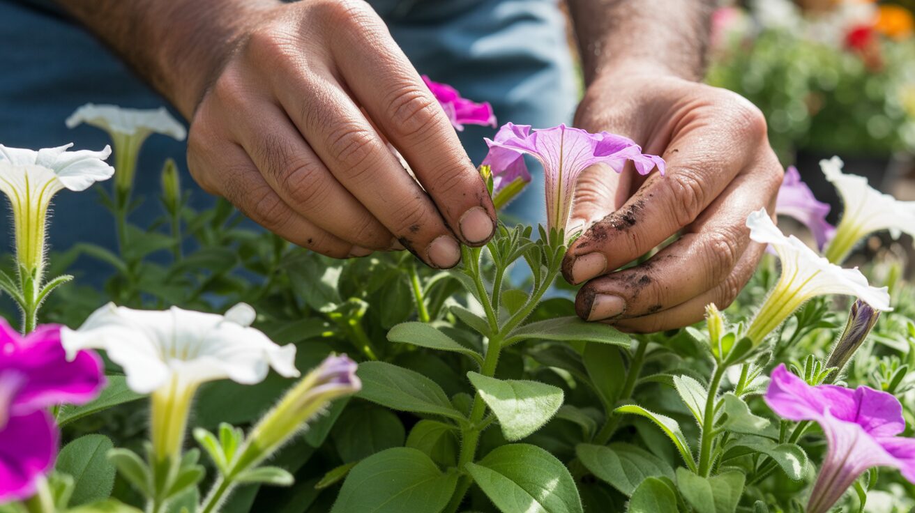 deadheading petunias a gardener deadheading petunias for continuous flowers