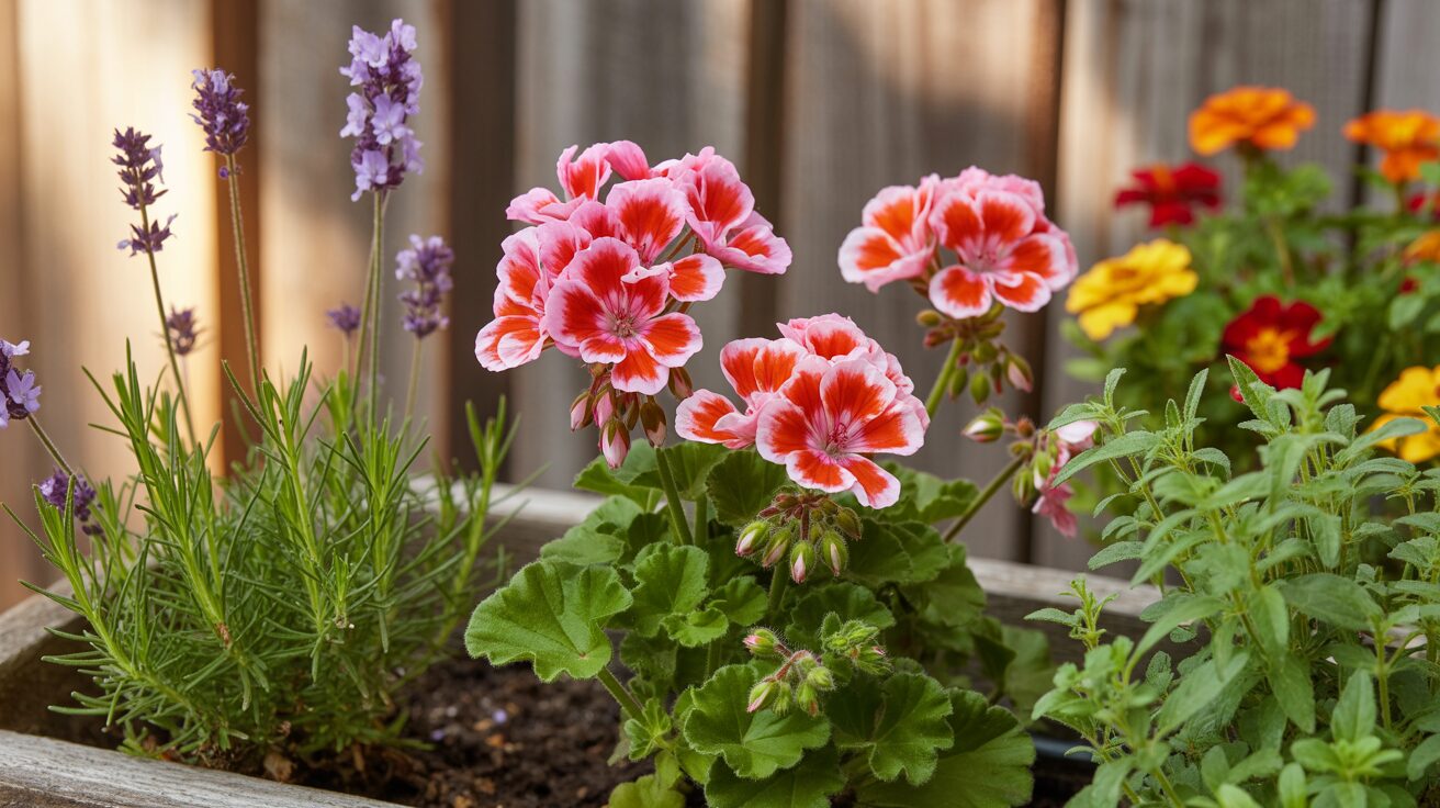geranium companion plants Geraniums growing with lavender, marigolds, thyme in a raised bed