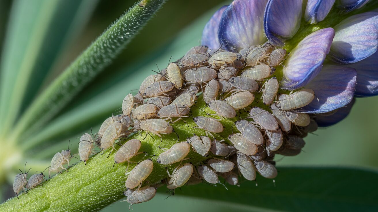 greyish aphids clustered around on the stems and flower spikes.