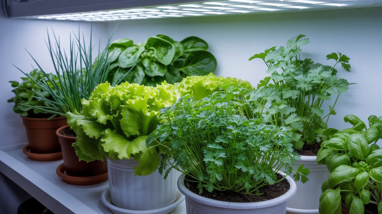 Potted indoor plants like lettuce, parsley growing under LED grow lights