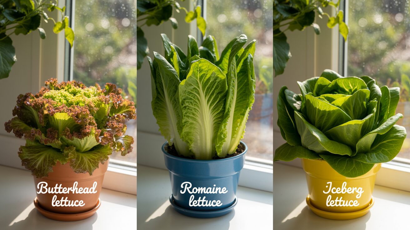 lettuce varieties such as butterhead, iceberg, and romaine