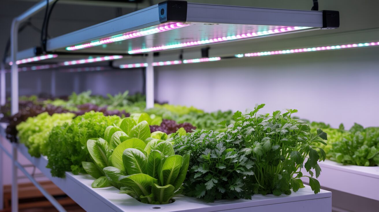 lettuce with other veggies growing in a modern hydroponic garden